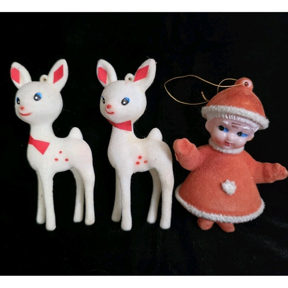 Set 3 VTG 60s Blow Mold Flocked Felt Mrs Claus & Shiny Brite White Reindeer MCM